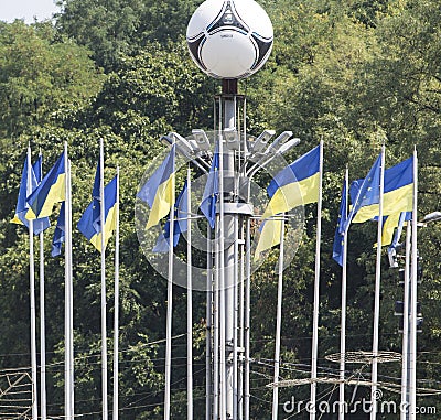 Ukrainian flags in front of the stadium. Kiev Editorial Stock Photo