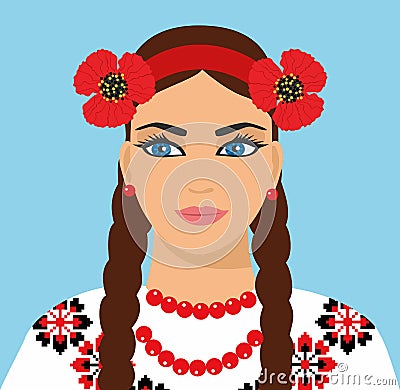 Ukrainian girl. illustration of a beautiful woman with a wreath. Vector Illustration