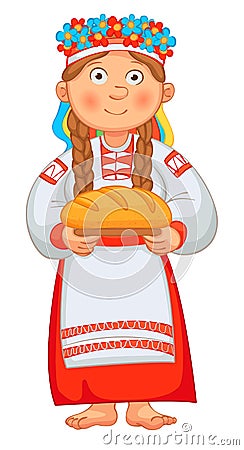 Ukrainian girl meets honored guests with bread Vector Illustration