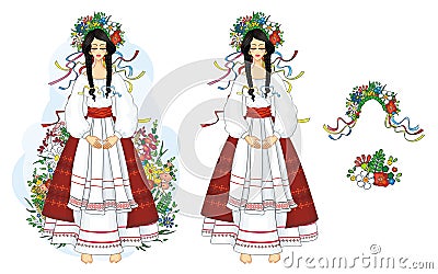 Ukrainian, girl in national costume with flowers Vector Illustration