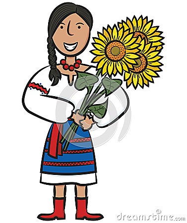 Ukrainian Girl With Sunflowers Vector Illustration