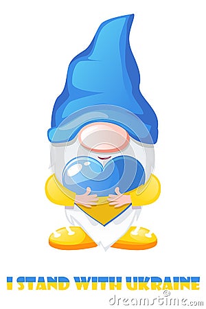 Ukrainian Gnome in colors blue and yellow in the hands Ukraine heart Vector Illustration