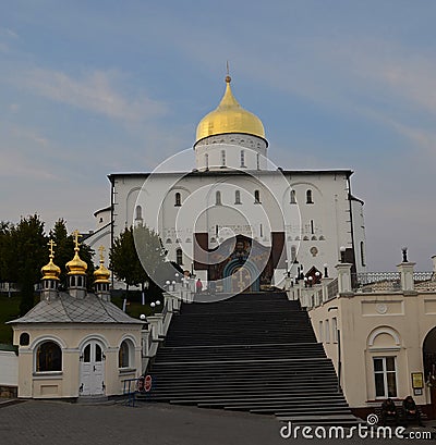 Ukrainian Holy Assumption Pochaev Lavra in the summer at sunset Stock Photo