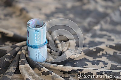 Ukrainian hryvnia bills on fabric with texture of Ukrainian military pixeled camouflage. Cloth with camo pattern in grey Stock Photo