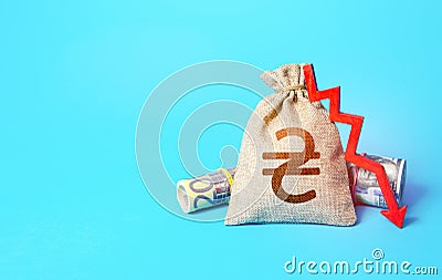 Ukrainian hryvnia money bag and arrow down. Falling economy. Drop in profits. Inflation. Low real incomes, economic difficulties. Stock Photo