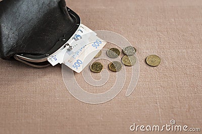 Ukrainian hryvnia with pennies in a vintage brown purse, Stock Photo