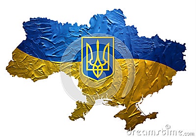 Ukrainian Map with Painted Flag Texture and Blazon Vector Illustration