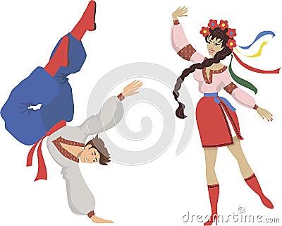 Ukrainian national dance hopak. A girl and a guy are dancing a dance in national Ukrainian costumes. Stock Photo