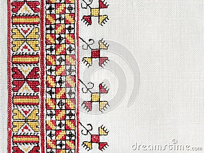 Ukrainian national hand embroidery on white linen Stock Photo