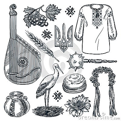 Ukrainian national symbols and icons. Vector hand drawn sketch illustration. Ukraine history and culture design elements Vector Illustration