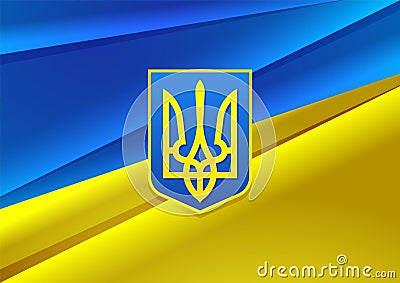 Ukraine anniversary greetings card with blue-yellow flag and trident coat of arms. Vector Illustration