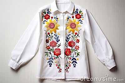 Ukrainian National Womens Shirt Embroidery On White Background. Generative AI Stock Photo