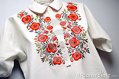Ukrainian National Womens Shirt Embroidery On White Background. Generative AI Stock Photo