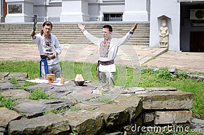 Ukrainian pagan community making ritual ceremony dedicated to Perun,Kiev Editorial Stock Photo