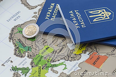 Ukrainian passports on the map of Europe Stock Photo