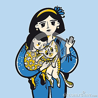 A Ukrainian refugee with child and pet Vector Illustration