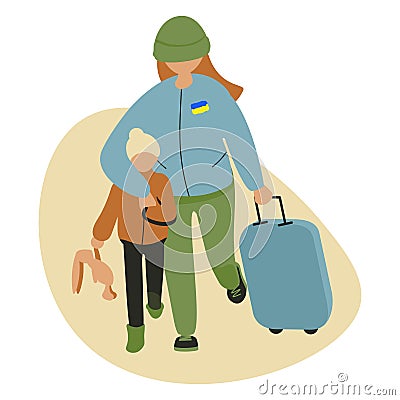 Ukrainian refugee woman and little girl with a suitcase Vector Illustration