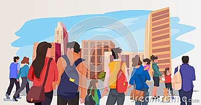 Ukrainian refugees with things rush to border fleeing russian aggression against Ukraine stop war concept cityscape Vector Illustration