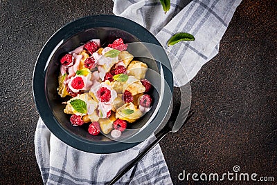 Ukrainian, Russian food, lazy vareniki; Curd or cheese gnocchi w Stock Photo