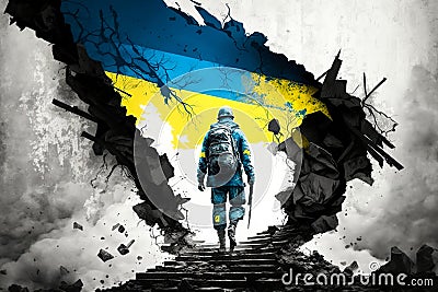 Ukrainian soldier with flag of Ukraine walking stairway to Heaven. Hero soldier ascending to paradise. Ai generative Editorial Stock Photo