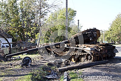 Ukrainian tanks were destroyed in the village Stepanivka Editorial Stock Photo