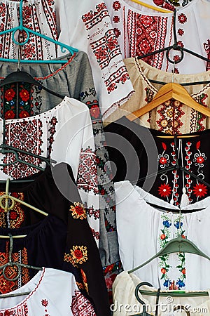 Ukrainian traditional clothing Vyshyvanka on hangers Editorial Stock Photo