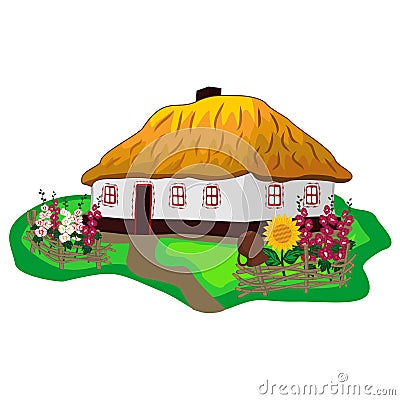 Ukrainian traditional house with white walls, thatched roof, flower garden and wicker fence. Colorful vector clipart of Ukrainian Vector Illustration