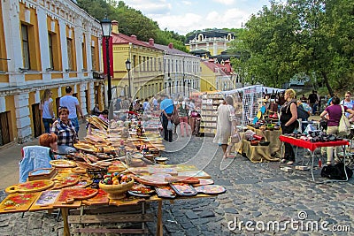 Ukrainian traditional paintings and souvenirs sold on street market in Kyiv Editorial Stock Photo