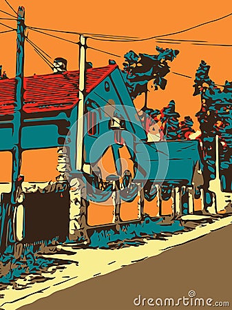 Ukrainian village graphic artwork with a road and house Vector Illustration