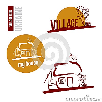 Village house icon. Well, stork on the roof. Vector Illustration
