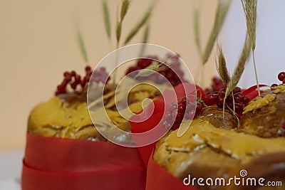 Ukrainian wedding traditions. Two baked ukrainian wedding loafs which is called korovai for bride and groom. Stock Photo