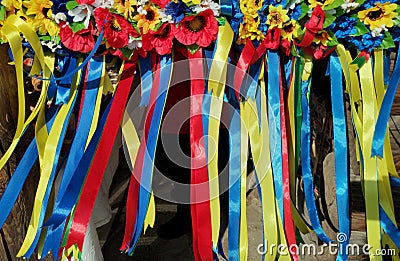 Ukrainian wreath: traditional eastern Slavic ornament. Blue and yellow ribbons, ethnic headdress Stock Photo