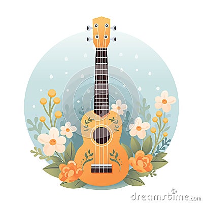 Ukulele Hawaiian four-string soprano guitar. Flowers. Travel and tourism. Cartoon style. Small guitar, string music Vector Illustration