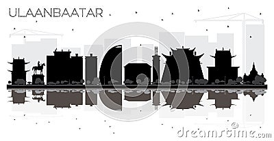 Ulaanbaatar City skyline black and white silhouette with Reflect Cartoon Illustration