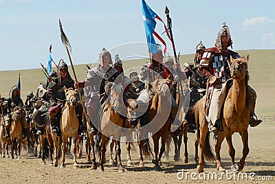 Mongolian horse riders take part in the traditional historical show of Genghis Khan era in Ulaanbaatar, Mongolia. Editorial Stock Photo