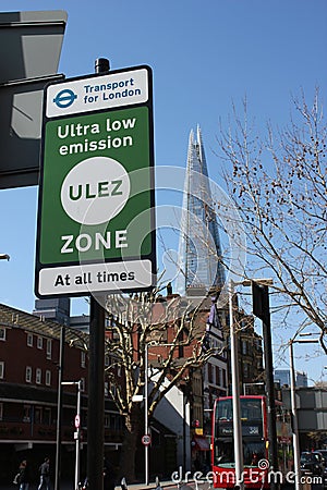 ULEZ, London, UK - April 8 2019: ULEZ Ultra low emission zone charge congestion charge & Ultra Low Emission Zone ULEZ warning Editorial Stock Photo