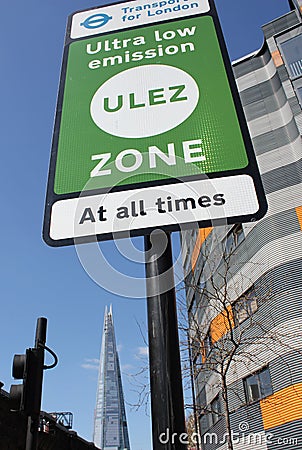 ULEZ, London, UK - April 9 2019: ULEZ Ultra low emission zone new charge London prepare for new Ultra Low Emission Zone ULEZ Editorial Stock Photo