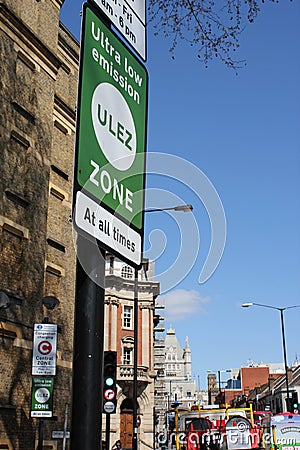 ULEZ, London, UK - April 9 2019: ULEZ Ultra low emission zone new charge London prepare for new Ultra Low Emission Zone ULEZ Editorial Stock Photo