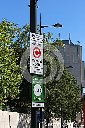 ULEZ, London, UK. ULEZ Ultra low emission zone. Editorial Stock Photo