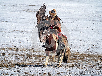 Beautiful young Mongolian golden eagle hunter on horseback releases her eagle into the wild, a dynamic hunting scene with an eagle Editorial Stock Photo