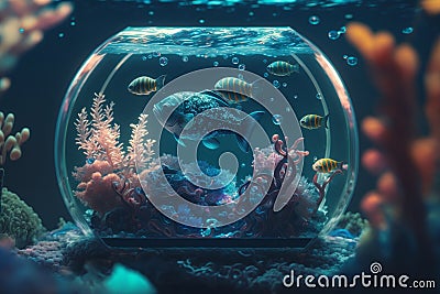 ully simulated marine lifeRobotic Sea Creatures and Holographic Coral Reefs: A Futuristic Aquarium with Stunning Detail Stock Photo