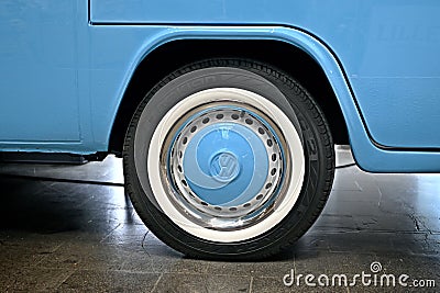Ulm, Germany - September, 16, 2023: Blue Volkswagen Bully vintage car wheel. Editorial Stock Photo
