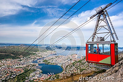 Ulriken cable railway in Bergen, Norway. Gorgeous views from the top of the hill. Editorial Stock Photo