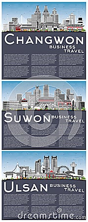 Ulsan, Suwon and Changwon South Korea City Skylines Set Stock Photo