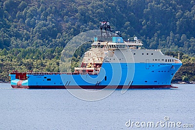 New built offshore vessel Maersk Minder leaving Kleven Yard Editorial Stock Photo