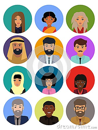 Multicultural society concept, man and woman characters. Flat icons set. Vector illustration Cartoon Illustration