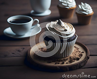 Marshmallow Icing Cupcake with Coffee Delight - Generative AI Stock Photo