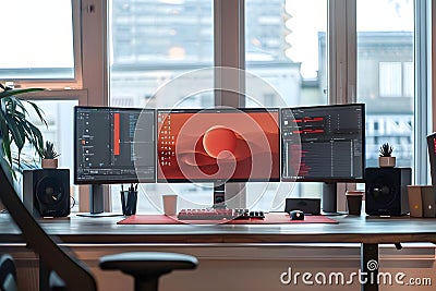 Ultimate Triple Monitor Setup Guide: Mastering Productivity with a Three-Screen Workspace for Enhanced Workflow and Efficiency, Stock Photo