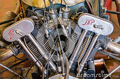Ultra closeup of vintage V-twin internal combustion engine Editorial Stock Photo