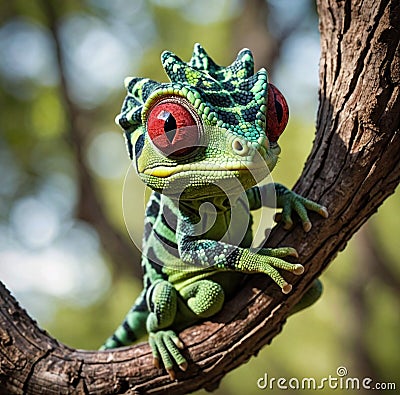 Ultra Cute Baby Chameleon in Green Black Plaid Pattern Stock Photo